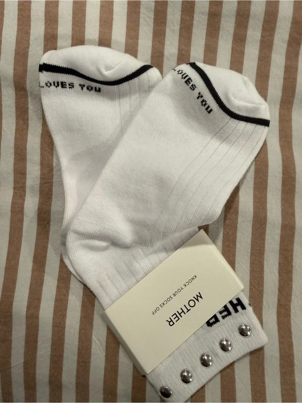 MOTHER White Ankle Socks with Silver Studs and Black Stripe